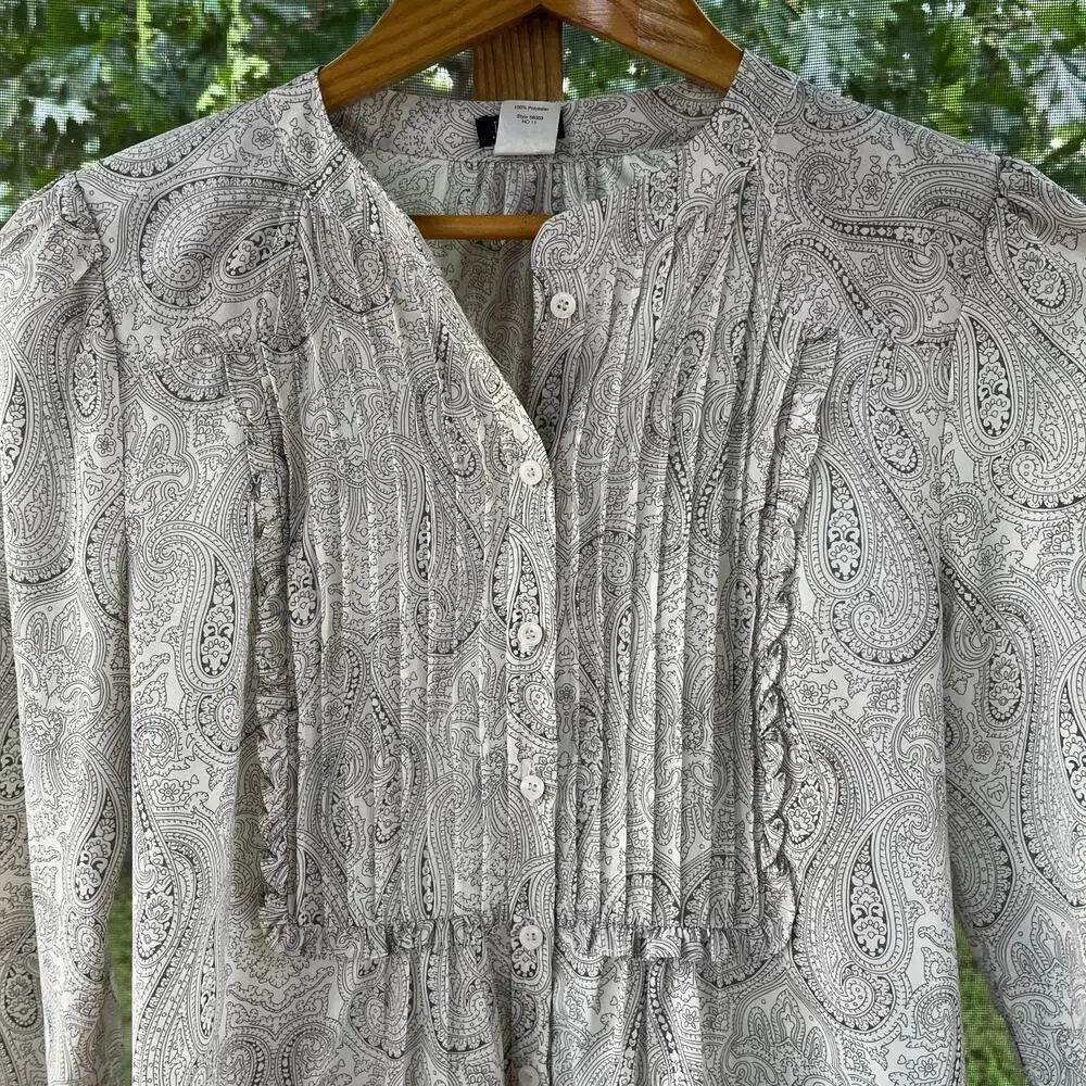 J.Crew Womens Classic Grey Paisley Print Pleated Front Long Sleeve Blouse Size 2